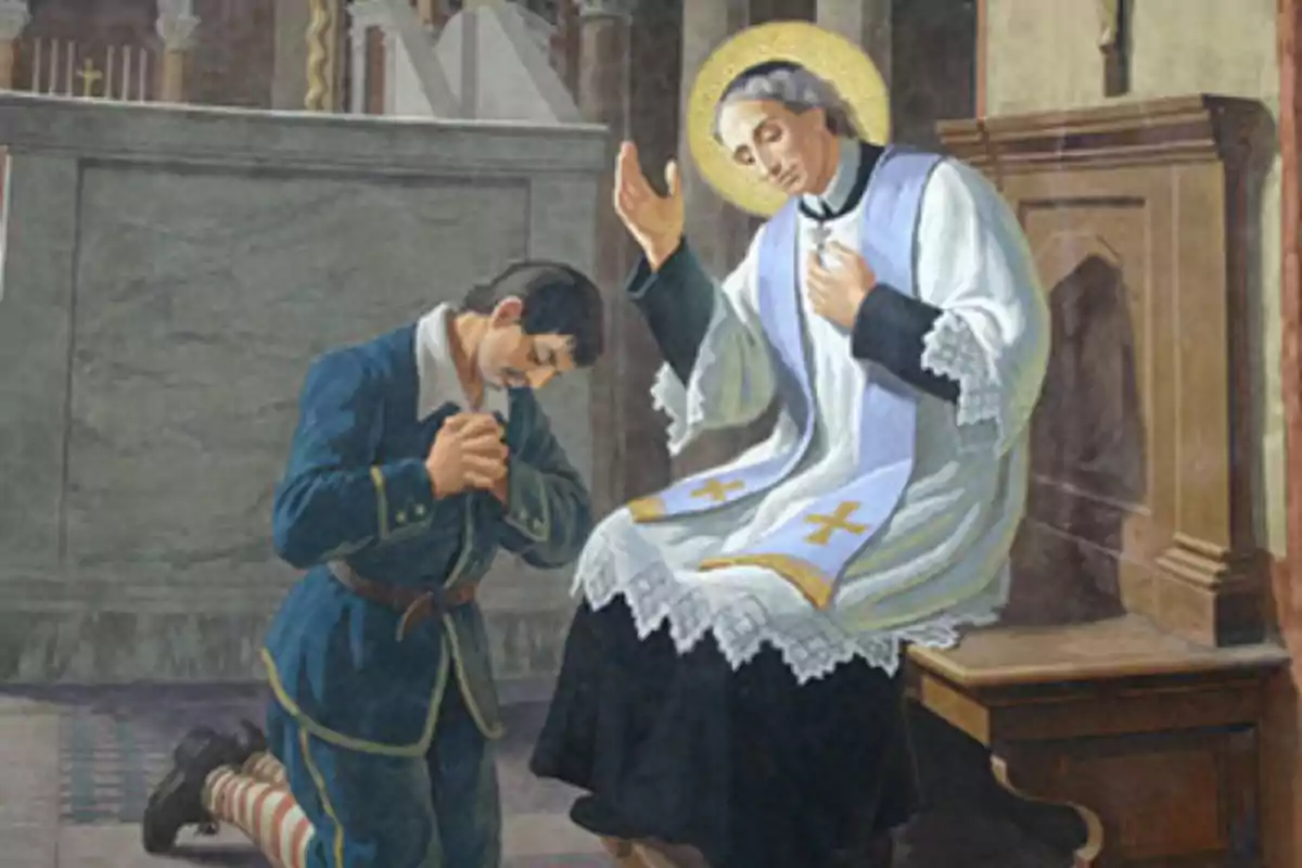 Un hombre arrodillado en actitud de oración frente a un sacerdote que está sentado y levantando una mano en un gesto de bendición. Un hombre arrodillado en actitud de oración frente a un sacerdote que está sentado y levantando una mano en un gesto de bendición.