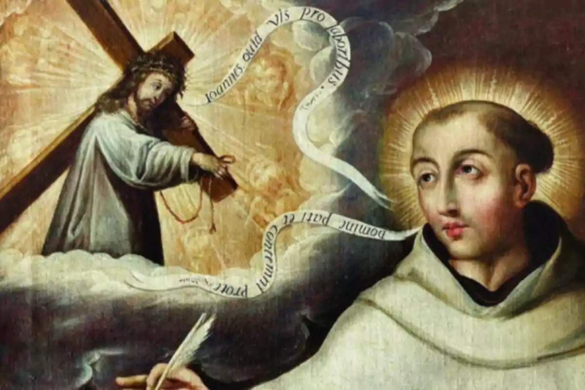 Pintura religiosa que muestra a un hombre con una cruz y una figura con halo sosteniendo una pluma.