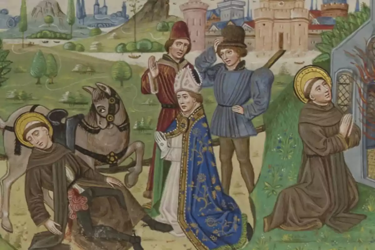 Ilustración medieval que muestra a varios personajes con vestimenta religiosa y medieval, un hombre herido en el suelo junto a un caballo, y otro hombre arrodillado rezando frente a una estructura mientras al fondo se observan castillos y un paisaje campestre Ilustración medieval que muestra a varios personajes con vestimenta religiosa y medieval, un hombre herido en el suelo junto a un caballo, y otro hombre arrodillado rezando frente a una estructura mientras al fondo se observan castillos y un paisaje campestre