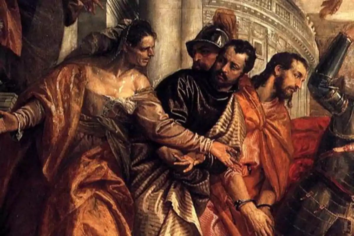 Pintura renacentista que muestra a varias personas en una escena dramática con expresiones intensas y vestimenta de época