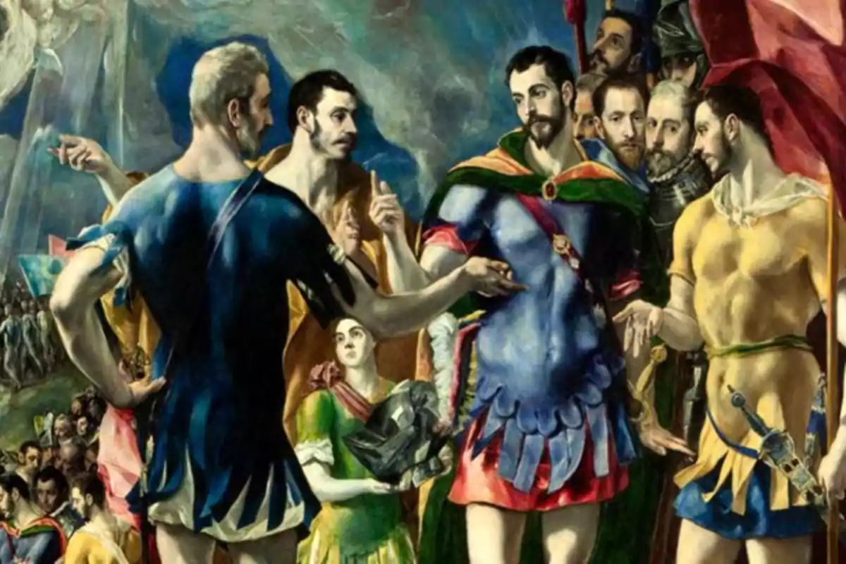 Pintura renacentista que muestra a varios hombres vestidos con túnicas y armaduras, algunos de ellos señalando y conversando, con un fondo de cielo nublado y figuras adicionales en la distancia.