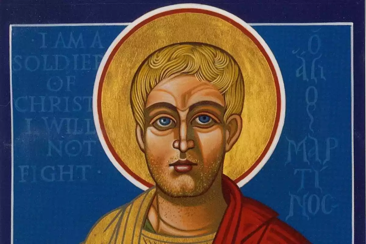 Una ilustración religiosa de un santo con aureola dorada sobre un fondo azul. Una ilustración religiosa de un santo con aureola dorada sobre un fondo azul.