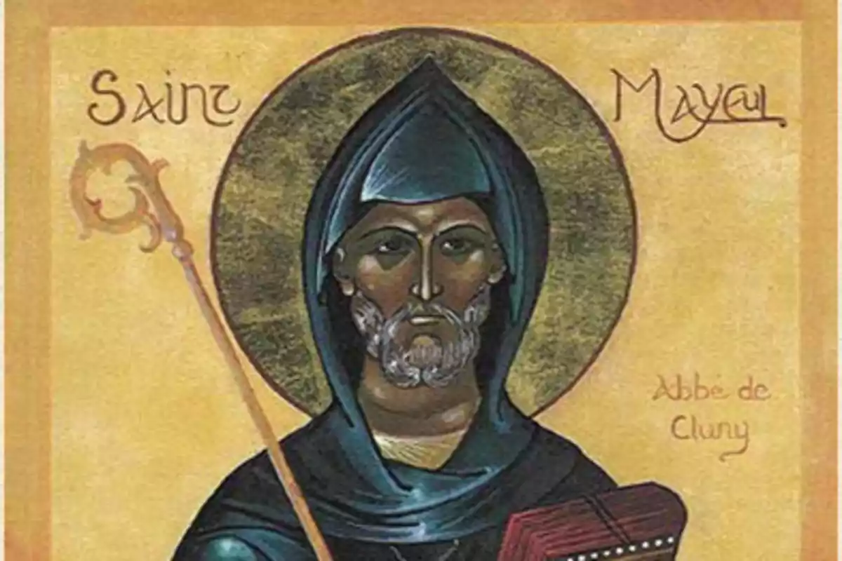 Ilustración de un santo con vestimenta religiosa, aureola dorada y báculo, sosteniendo un libro.