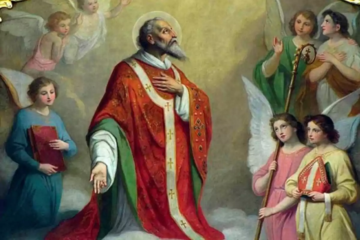Un santo con vestimenta roja y aureola está rodeado de ángeles en una escena religiosa pintada al óleo