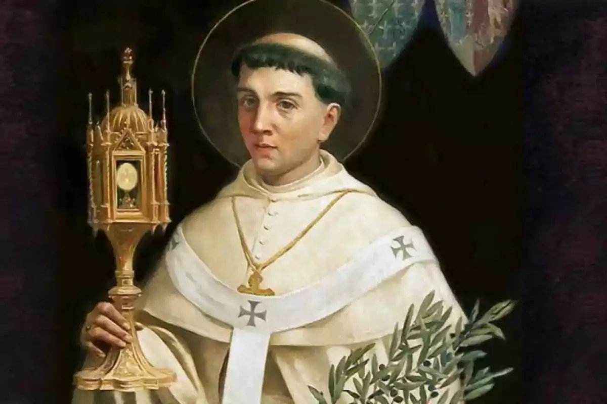 Retrato de un monje con vestimenta blanca sosteniendo una custodia dorada y una rama de olivo, con un halo alrededor de su cabeza