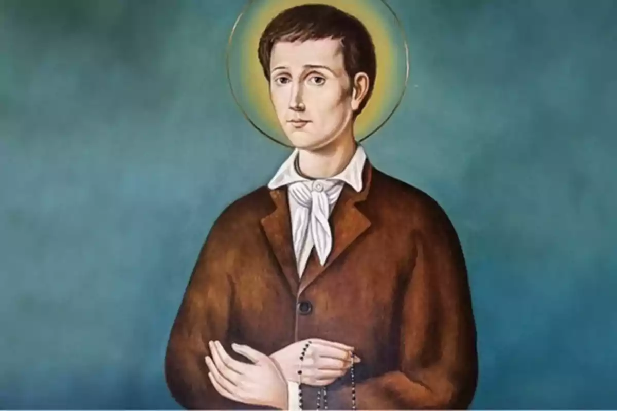 Un retrato de un hombre con un halo dorado detrás de su cabeza sosteniendo un rosario en sus manos. Un retrato de un hombre con un halo dorado detrás de su cabeza sosteniendo un rosario en sus manos.