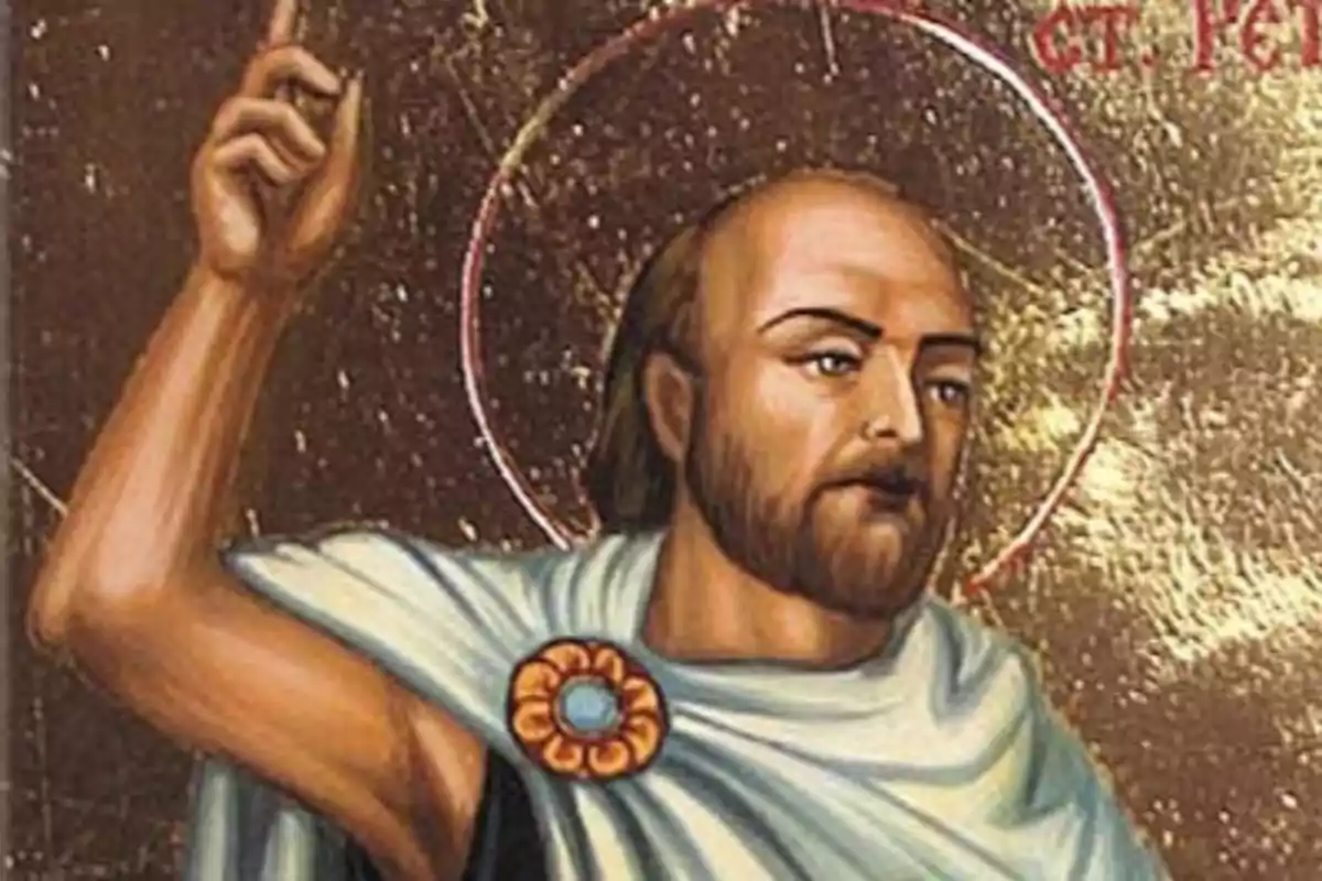 Pintura religiosa de un hombre con barba y aureola levantando una mano y usando una túnica clara con un broche en forma de flor Pintura religiosa de un hombre con barba y aureola levantando una mano y usando una túnica clara con un broche en forma de flor