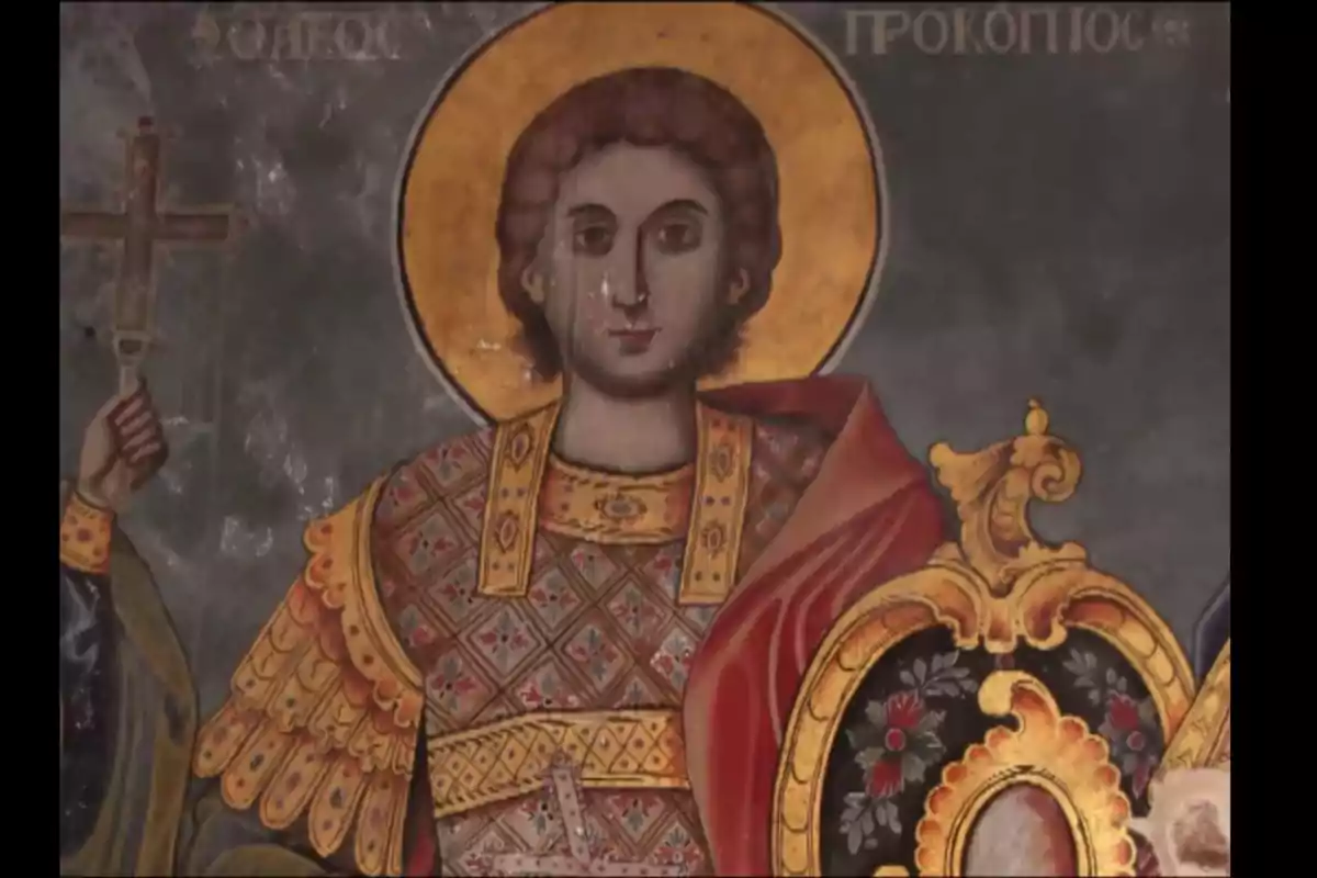 Una pintura religiosa muestra a un santo con un halo dorado, vestido con una túnica ornamentada y sosteniendo un escudo decorativo. Una pintura religiosa muestra a un santo con un halo dorado, vestido con una túnica ornamentada y sosteniendo un escudo decorativo.