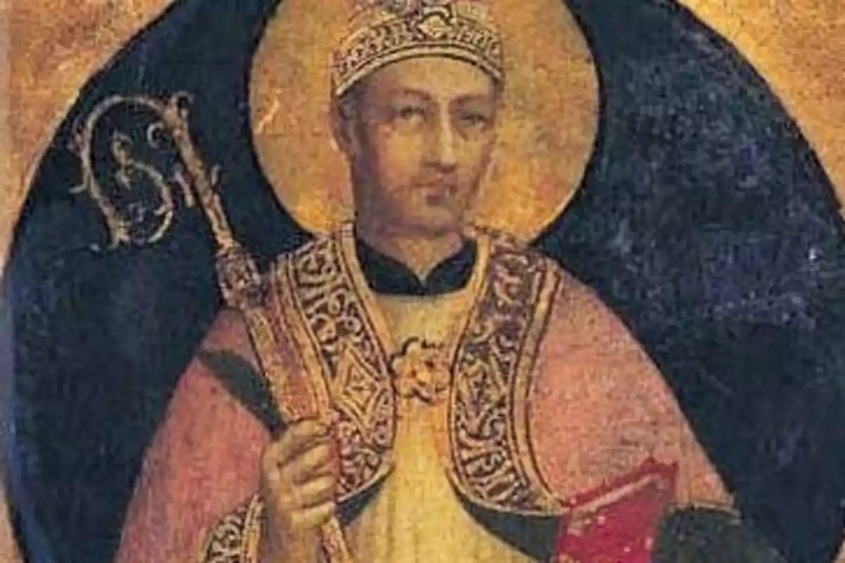 Pintura de un santo con vestimenta religiosa, sosteniendo un báculo y un libro, con un halo dorado alrededor de su cabeza. Pintura de un santo con vestimenta religiosa, sosteniendo un báculo y un libro, con un halo dorado alrededor de su cabeza.