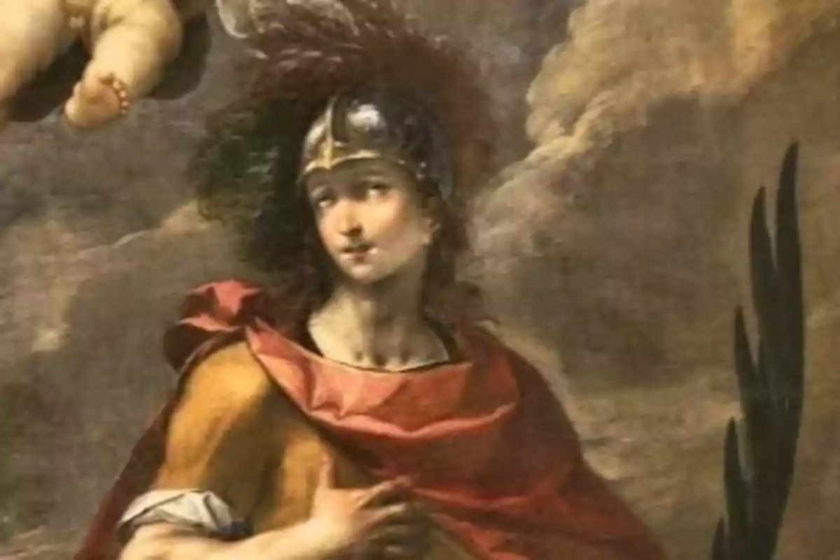 Una figura con armadura y capa roja mira hacia un lado mientras un querubín aparece en la esquina superior izquierda. Una figura con armadura y capa roja mira hacia un lado mientras un querubín aparece en la esquina superior izquierda.