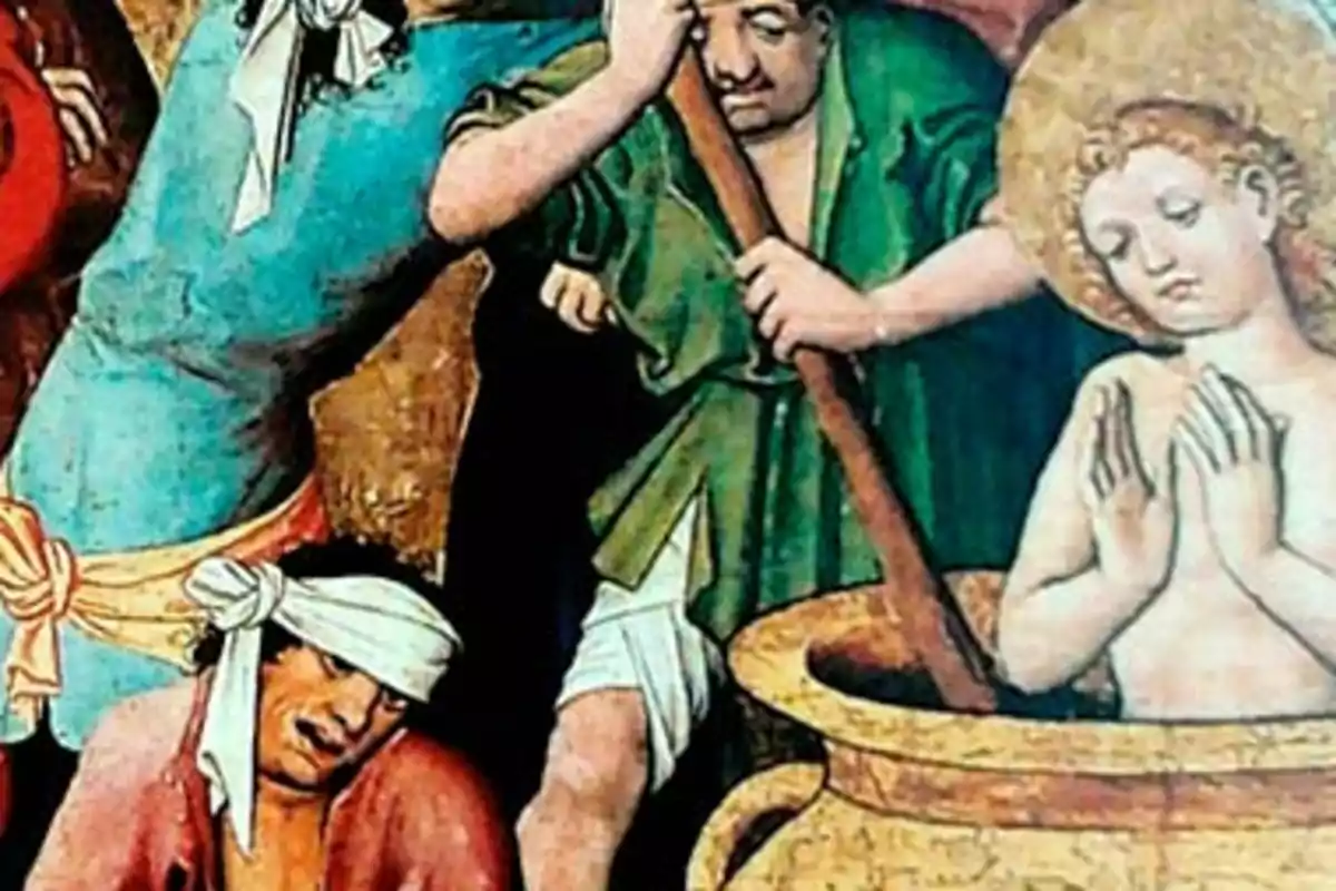 Pintura antigua que muestra a una persona con aureola dentro de una gran vasija mientras otras personas la rodean Pintura antigua que muestra a una persona con aureola dentro de una gran vasija mientras otras personas la rodean
