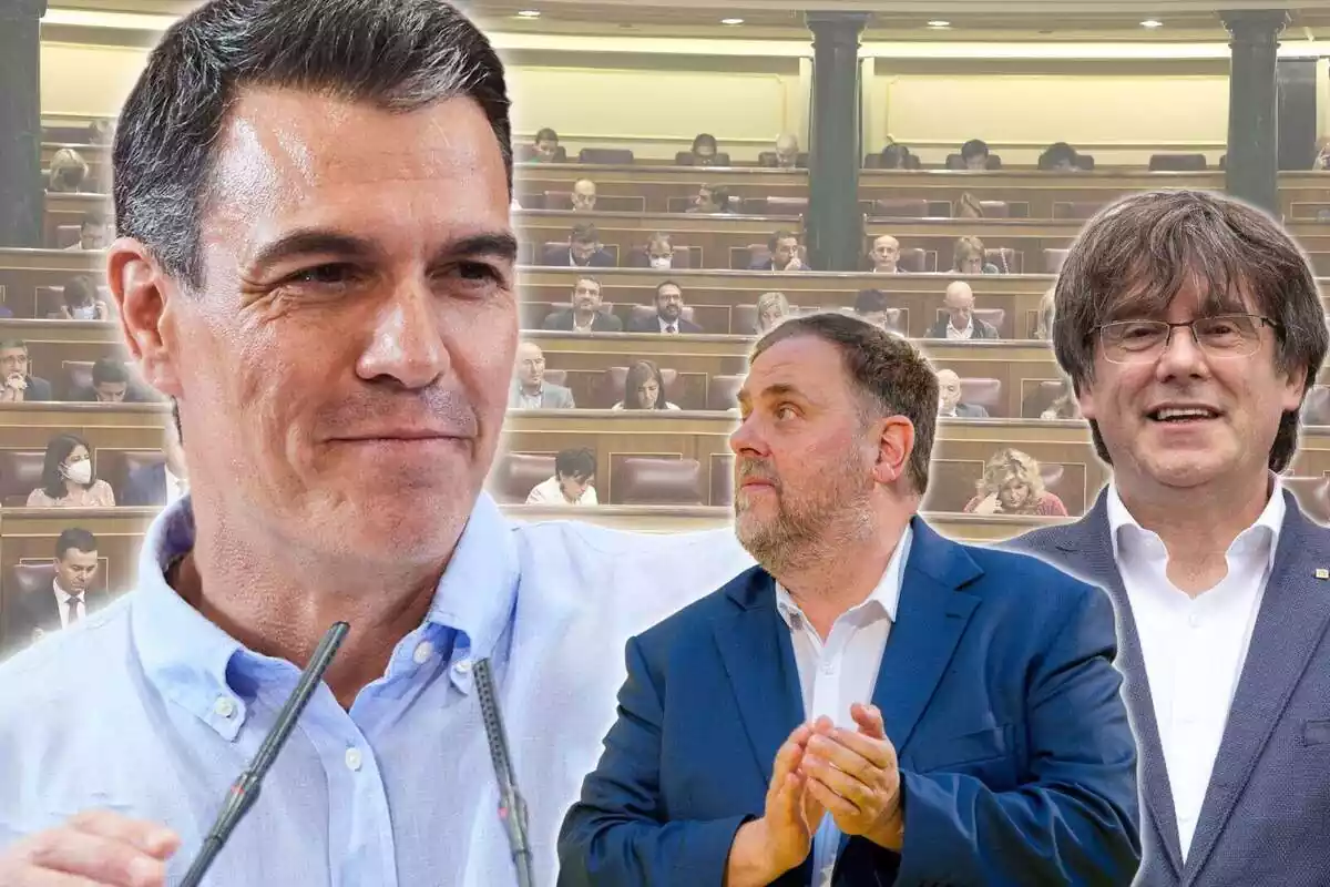 Montaje con un primer plano de Pedro Sánchez y un plano medio de Oriol Junqueras aplaudiendo y Carles Puigdemont sonriendo