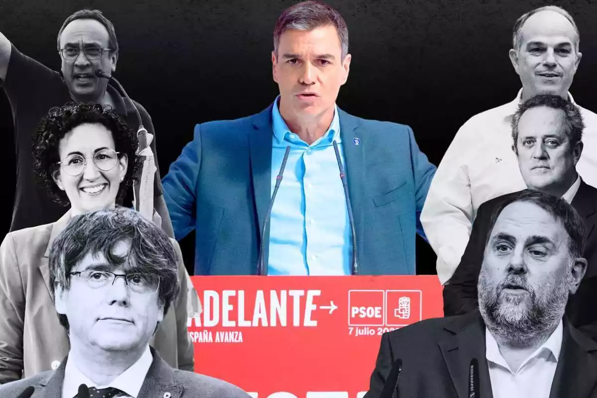 Imagen de Pedro Sánchez junto a Carles Puigdemont, Oriol Junqueras y varios amnistiados del procés català