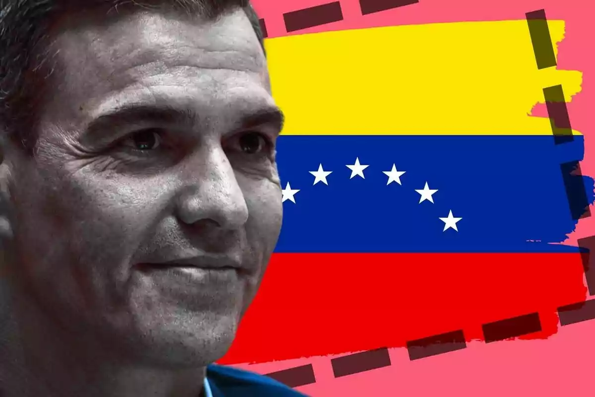 Pedro Sánchez en primer plano con la bandera de Venezuela de fondo.