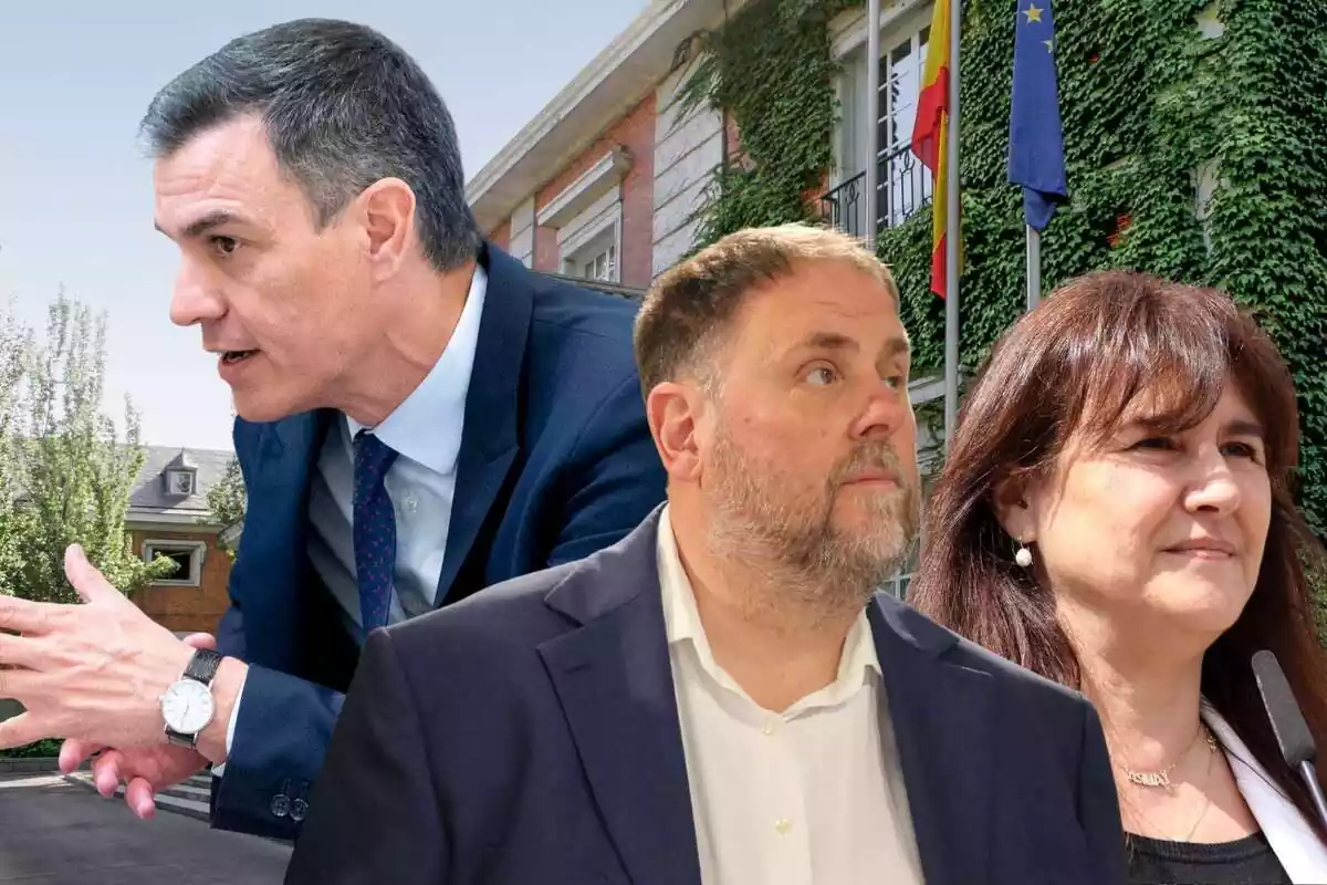 Foto montaje con Pedro Sánchez mirando hacia una dirección y Oriol Junqueras y Laura Borràs mirando hacia la dirección opuesta, con el Palacio de la Moncloa de fondo