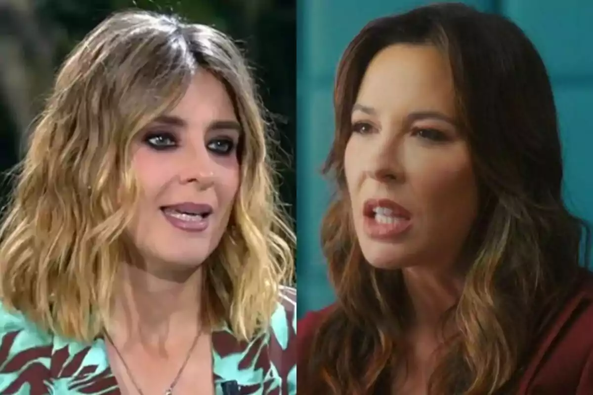 Dos mujeres con cabello suelto y maquillaje pronunciado, Sandra Barneda con cabello rubio en Supervivientes y Mamen Mendizábal castaño en Anatomía de..., en un entorno de entrevista o conversación.