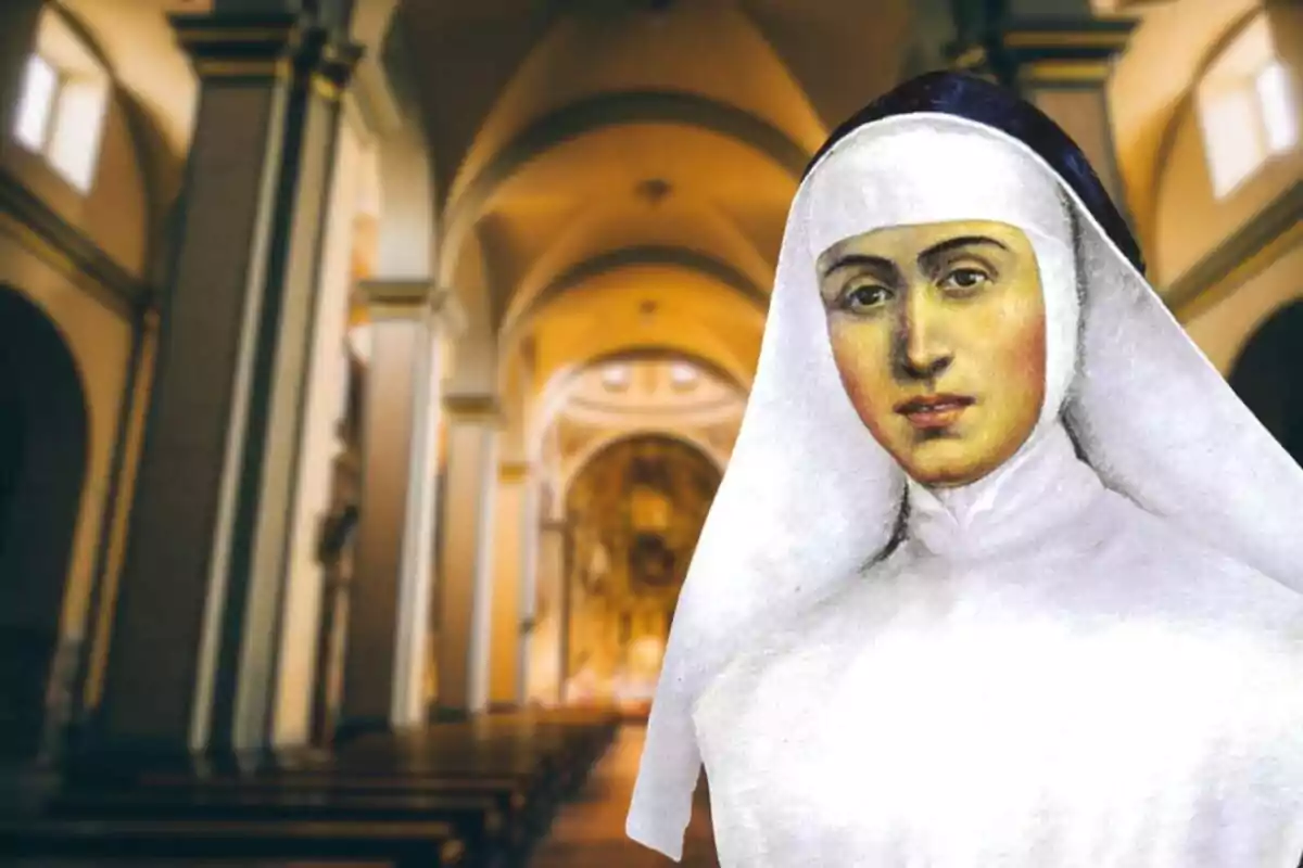 Retrato de una monja con hábito blanco en el interior de una iglesia con arcos y columnas.