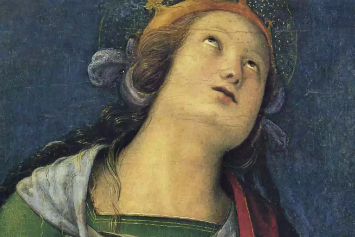 Una pintura renacentista de una figura femenina con la cabeza inclinada hacia atrás y la mirada dirigida hacia arriba, con un fondo azul oscuro. Una pintura renacentista de una figura femenina con la cabeza inclinada hacia atrás y la mirada dirigida hacia arriba, con un fondo azul oscuro.