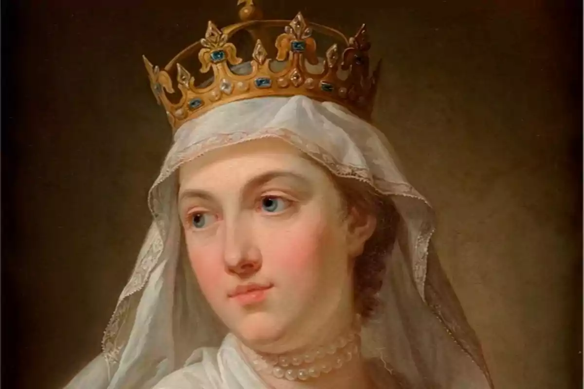 Retrato de una mujer con corona dorada y velo blanco. Retrato de una mujer con corona dorada y velo blanco.