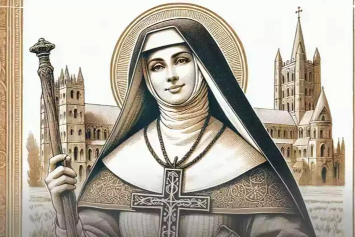 Ilustración de una monja medieval con vestimenta religiosa sosteniendo un báculo y un gran crucifijo, con una catedral al fondo. Ilustración de una monja medieval con vestimenta religiosa sosteniendo un báculo y un gran crucifijo, con una catedral al fondo.