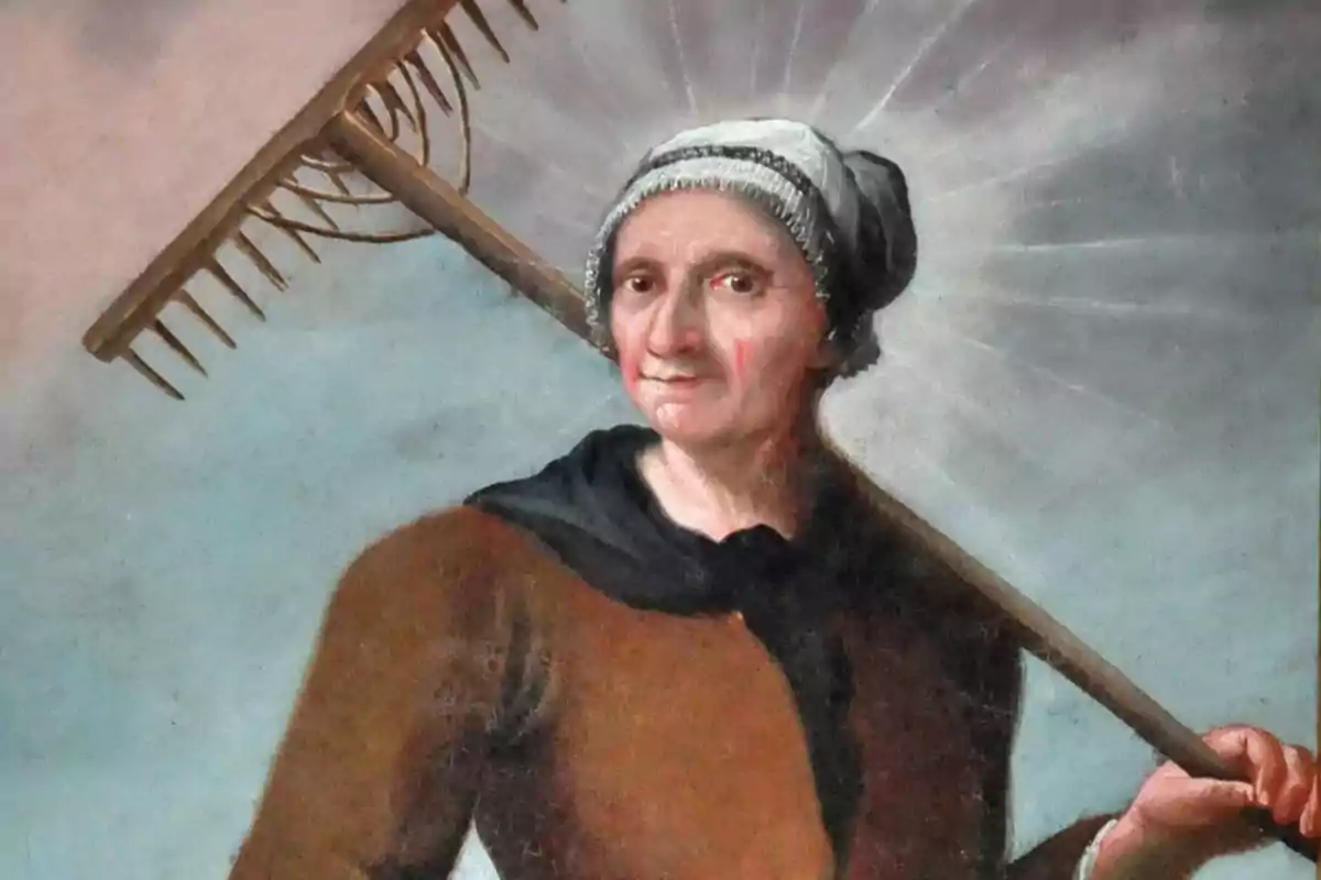 Una pintura de una persona mayor con un rastrillo al hombro y un halo de luz alrededor de su cabeza. Una pintura de una persona mayor con un rastrillo al hombro y un halo de luz alrededor de su cabeza.
