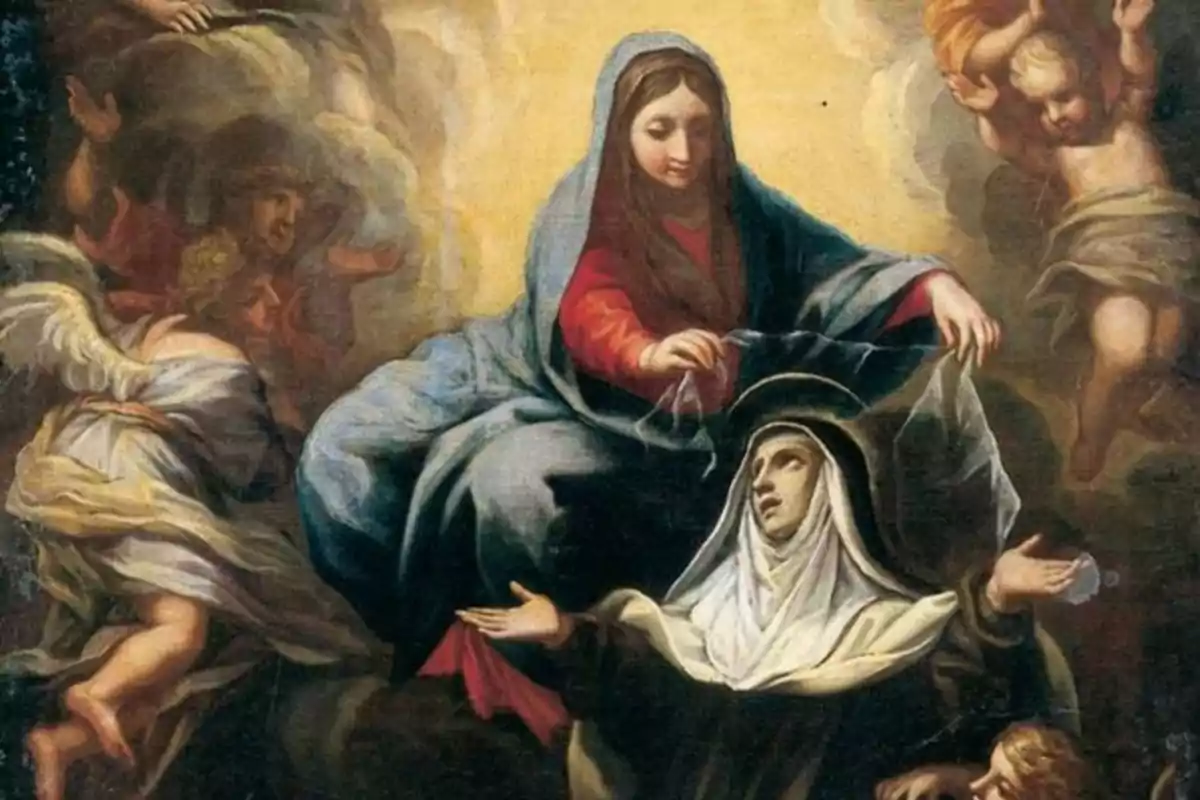 Una pintura religiosa que muestra a una figura femenina con manto azul y rojo, rodeada de ángeles, colocando un velo sobre la cabeza de una mujer arrodillada con hábito y halo. Una pintura religiosa que muestra a una figura femenina con manto azul y rojo, rodeada de ángeles, colocando un velo sobre la cabeza de una mujer arrodillada con hábito y halo.