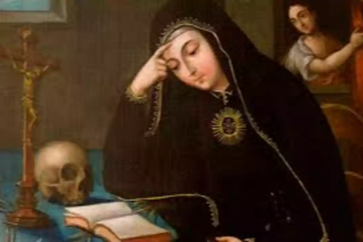 Una mujer vestida de negro con un velo está sentada en una mesa con un libro abierto, un cráneo y un crucifijo, mientras una figura en el fondo observa. Una mujer vestida de negro con un velo está sentada en una mesa con un libro abierto, un cráneo y un crucifijo, mientras una figura en el fondo observa.