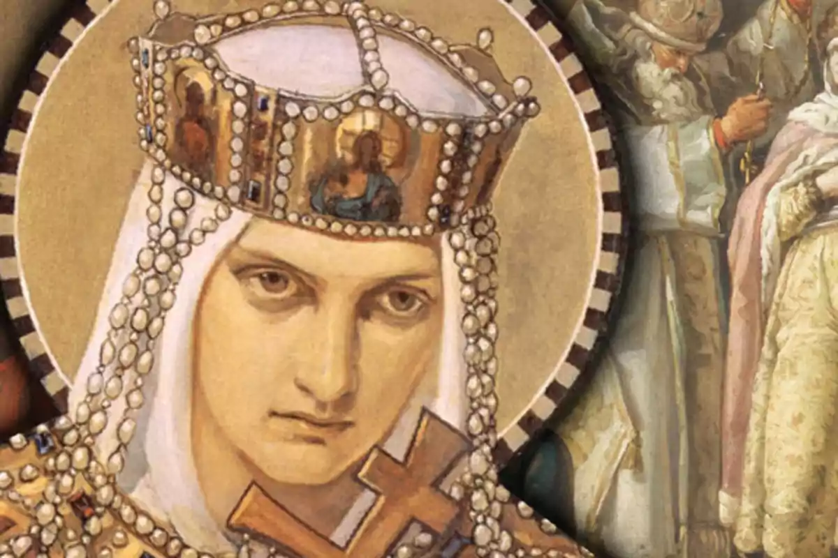 Una pintura de una figura religiosa con una corona adornada con perlas y una cruz en la mano. Una pintura de una figura religiosa con una corona adornada con perlas y una cruz en la mano.
