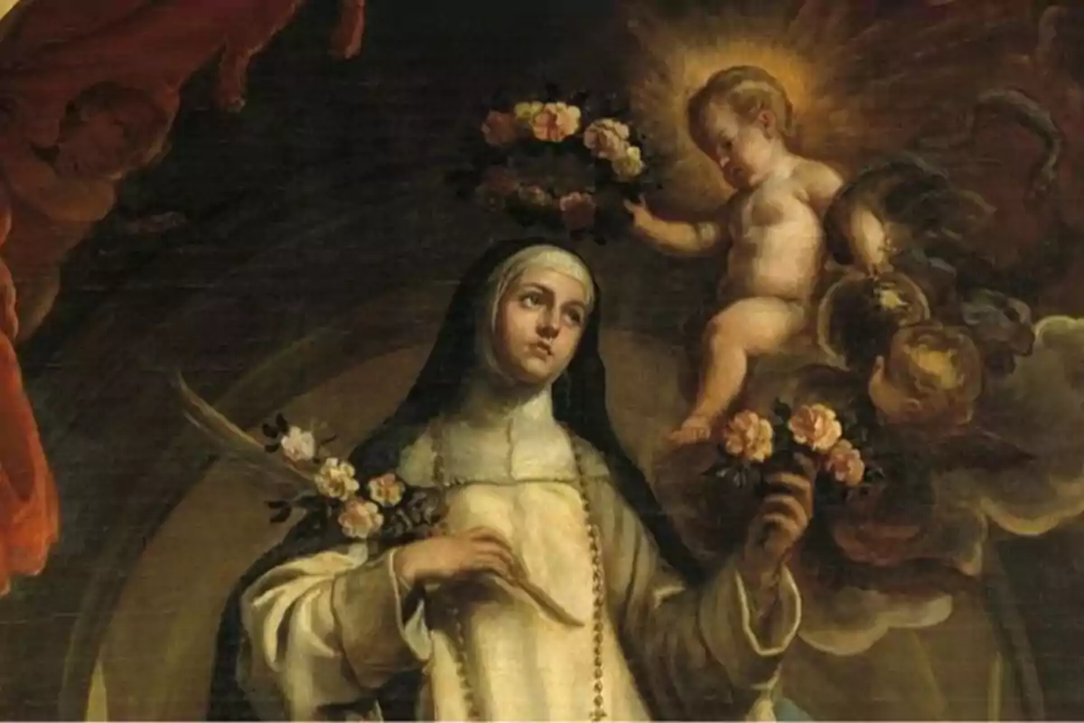 Pintura religiosa que muestra a una monja con un rosario y flores, mientras un niño con aureola le coloca una corona de flores.