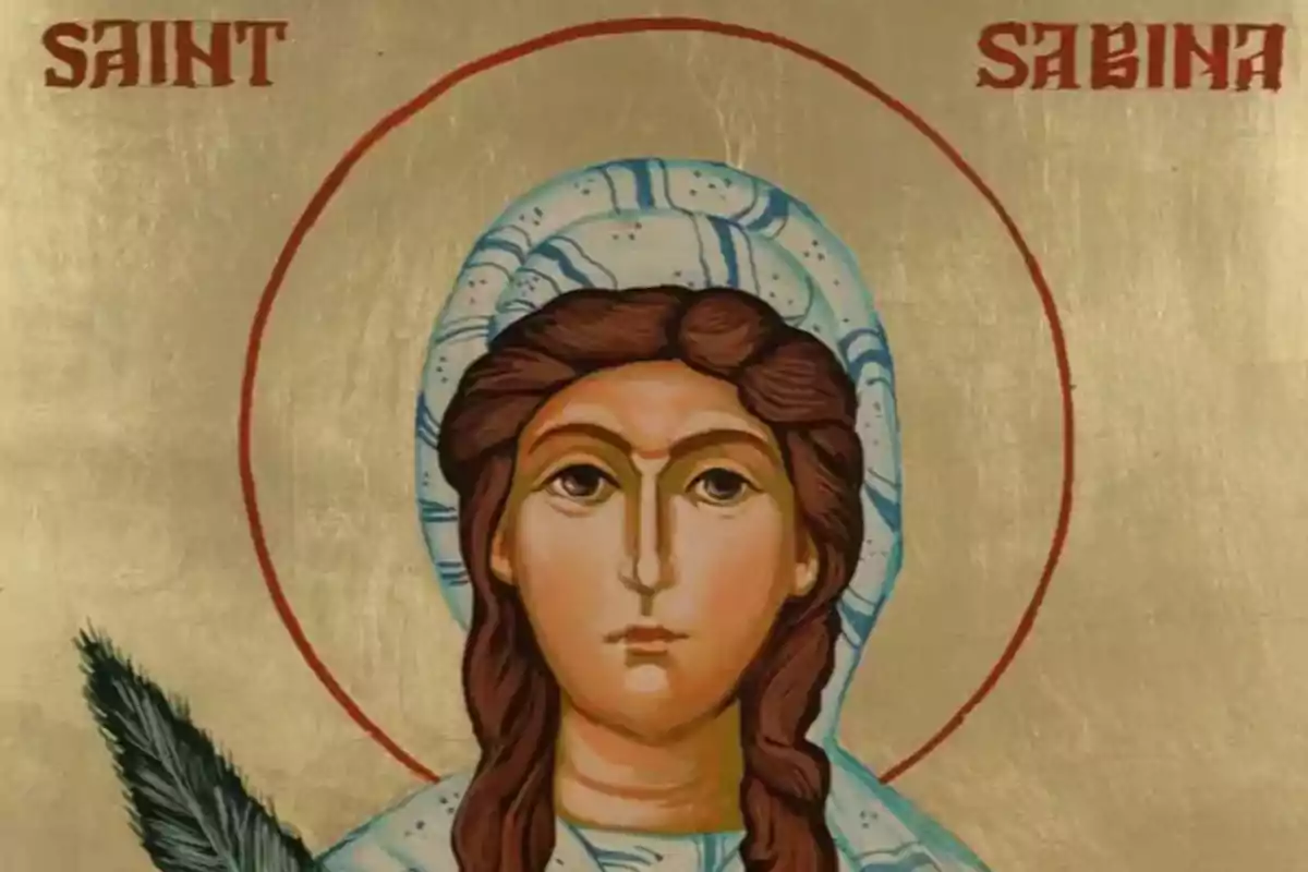 Imagen de un icono religioso con la figura de una mujer con halo y una palma, con las palabras "Saint Sabina" en la parte superior.