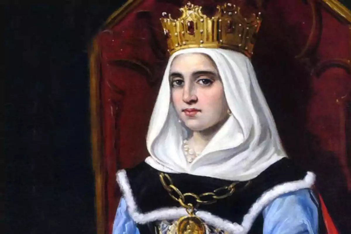 Retrato de una reina medieval con corona dorada y vestimenta elegante sentada en un trono rojo