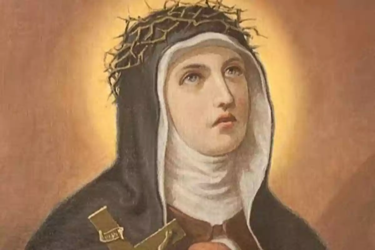 Pintura de una mujer con hábito religioso y corona de espinas.