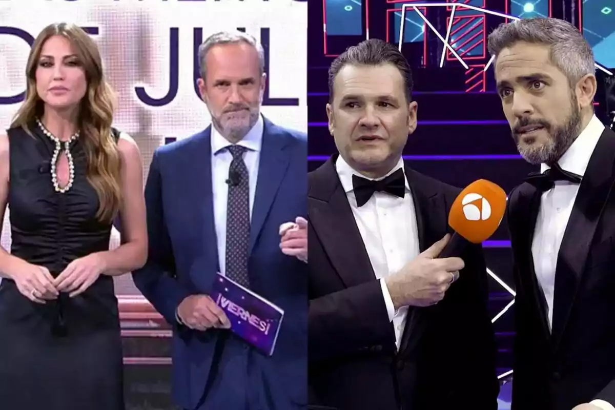 Montaje de Beatriz Archidona y Santi Acosta vestidos de luto en De Viernes a la derecha y Roberto López e Iñaki López con un micrófono de Antena 3 y en traje negro en López y Leal a la izquierda.