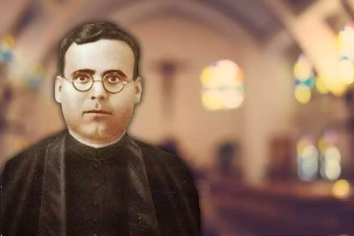 Retrato del beato Diego Llorca Llopis con un fondo de una iglesia