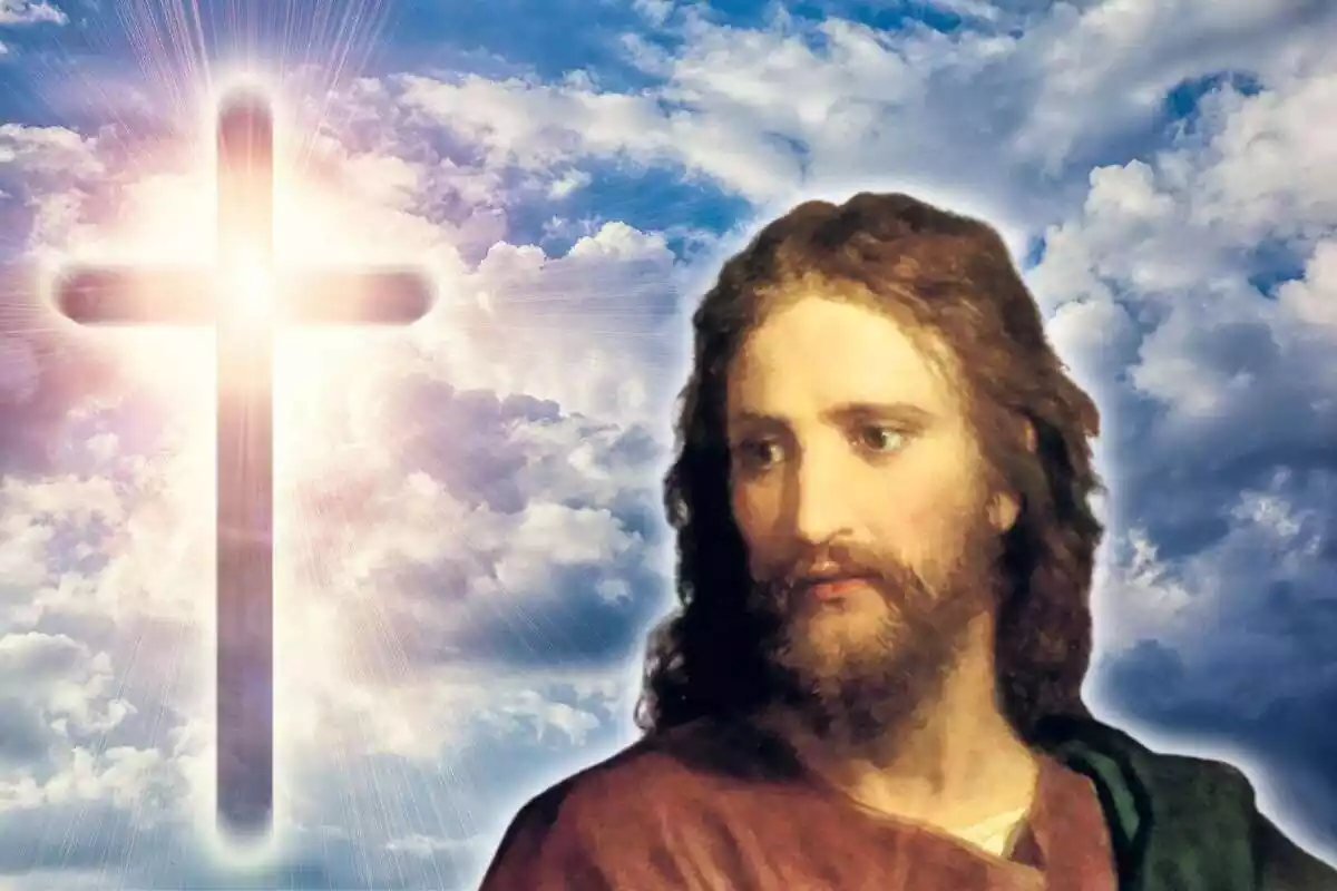 Retrato de Jesucristo con el fondo del cielo y una cruz brillante