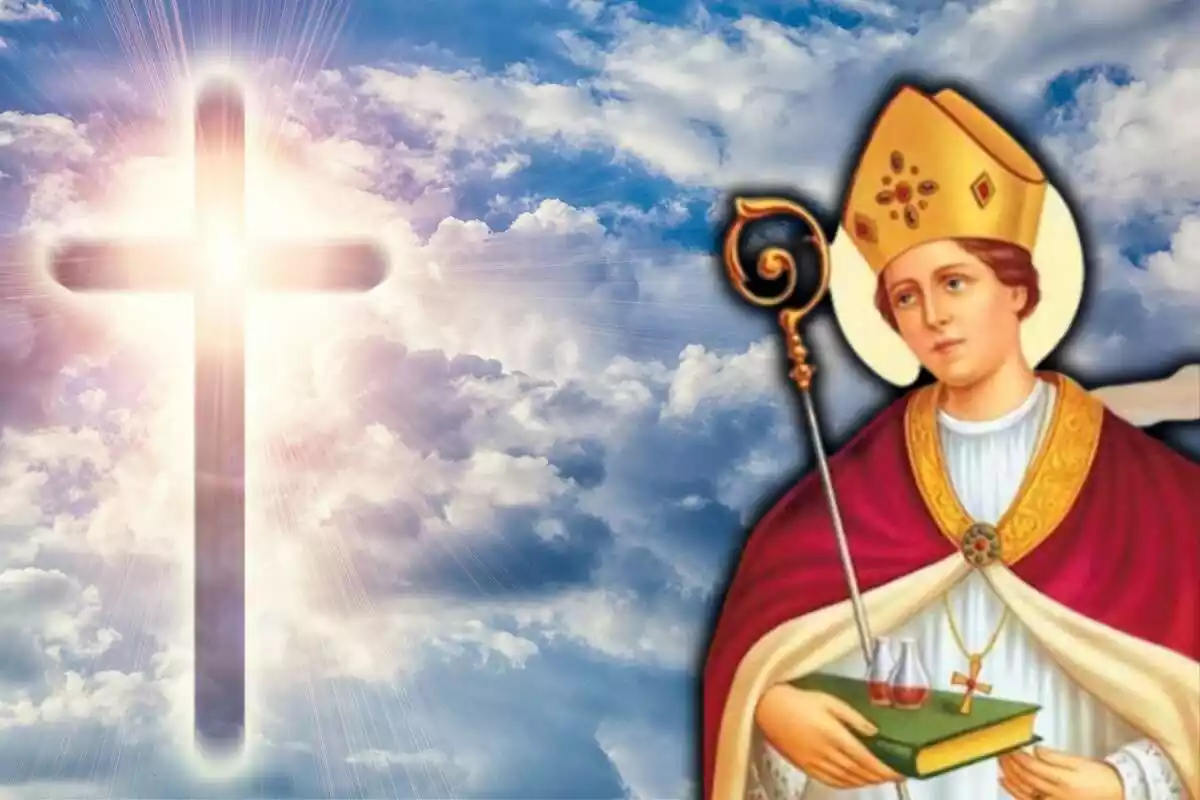 Retrato de San Genaro de Nápoles con el fondo del cielo con nubes y una cruz cristiana