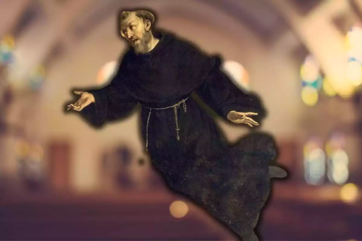 Retrato de San José Cupertino con el fondo de una iglesia