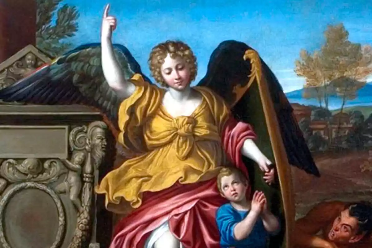 Una pintura que muestra a un ángel con alas negras y doradas, vestido con una túnica amarilla y rosa, levantando una mano mientras protege a un niño pequeño que está rezando, con un paisaje de fondo.