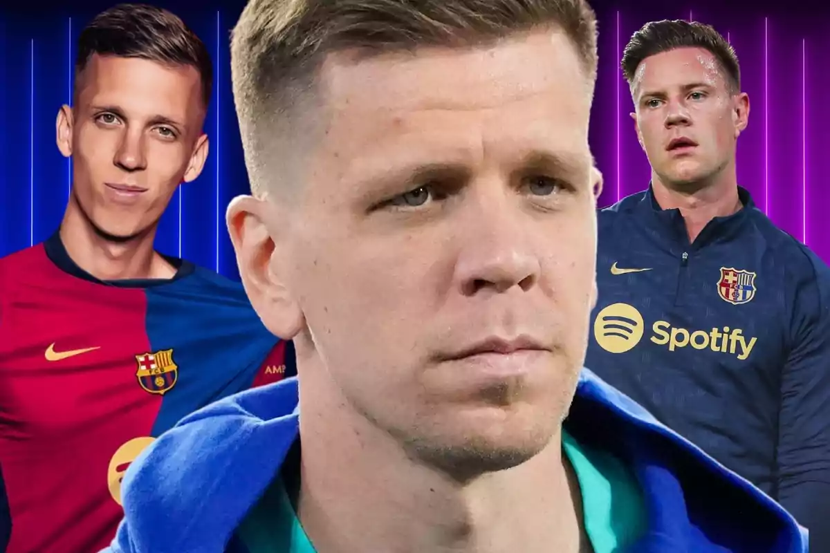 Tres jugadores de fútbol con uniformes del FC Barcelona, uno en primer plano y dos en el fondo con un diseño de líneas verticales de colores.