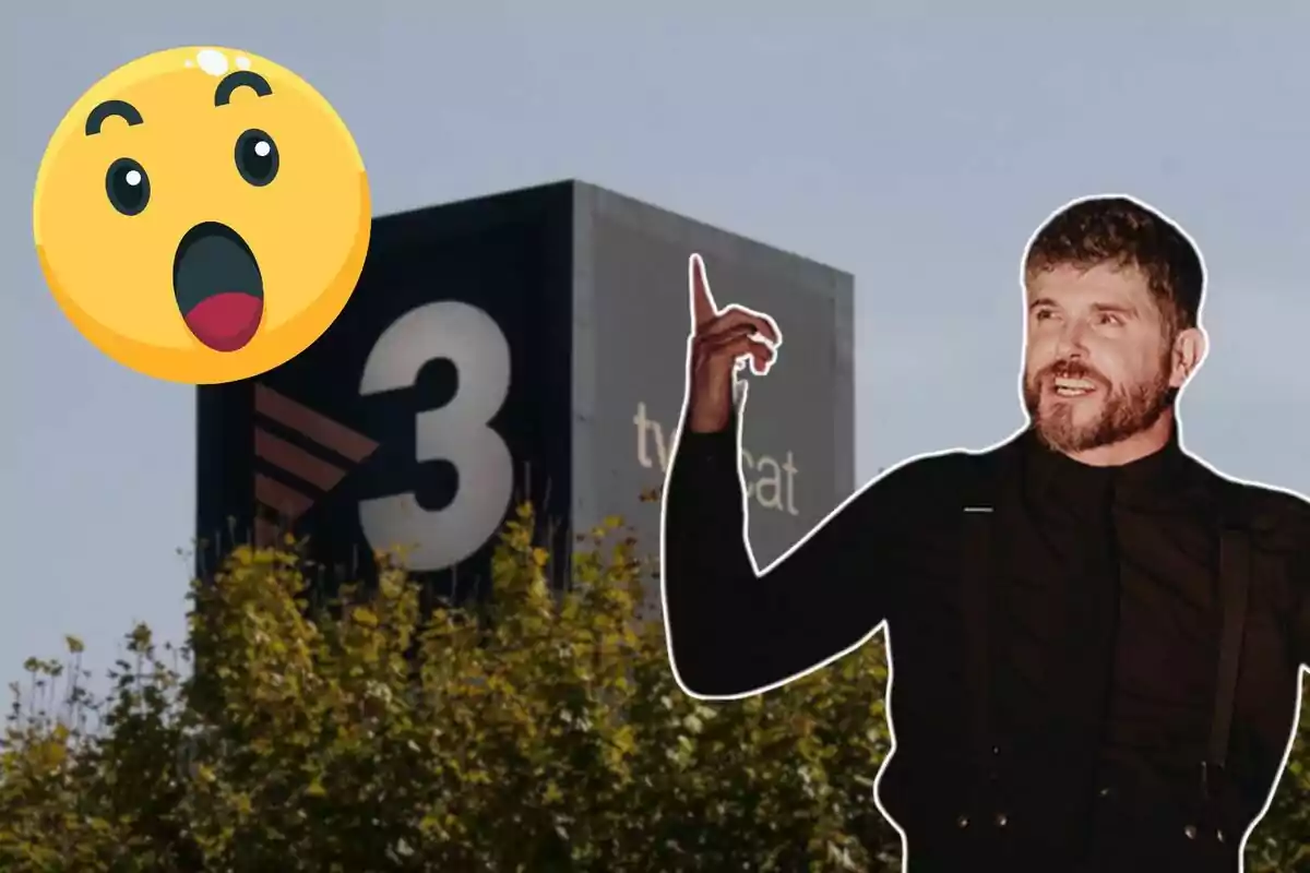 Hombre señalando hacia arriba con un emoji de cara sorprendida y un edificio con el logo de TV3 en el fondo.