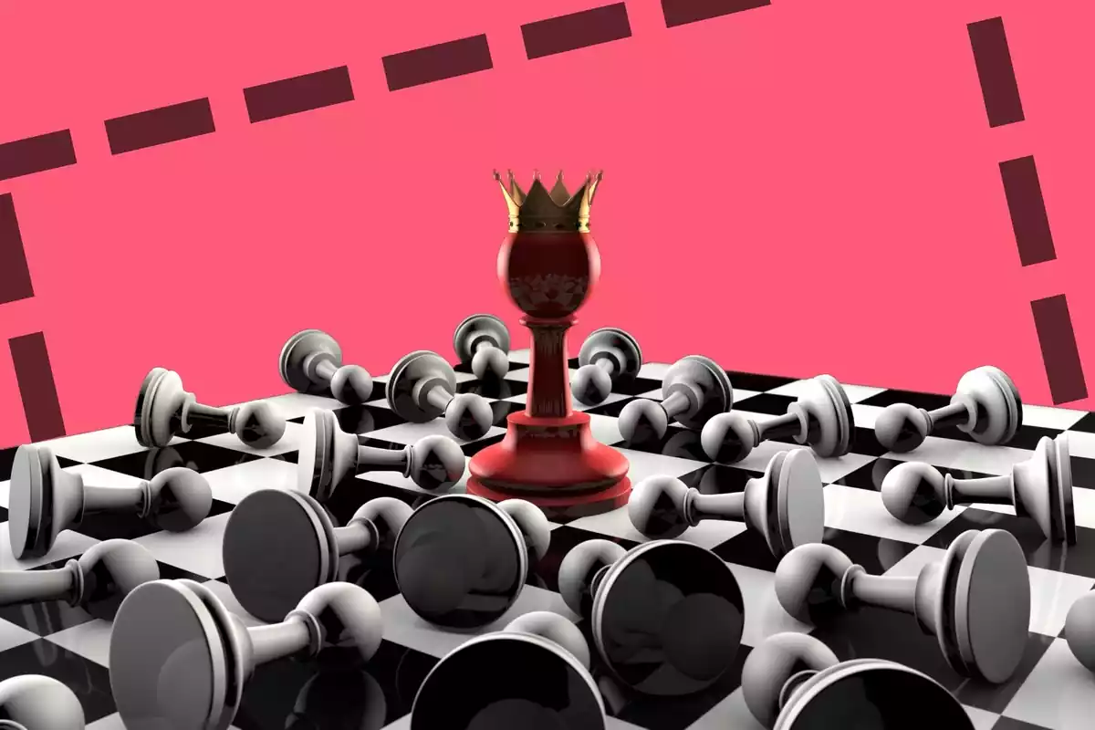Imagen de un tablero de ajedrez con el rey en pies y todos los peones caídos