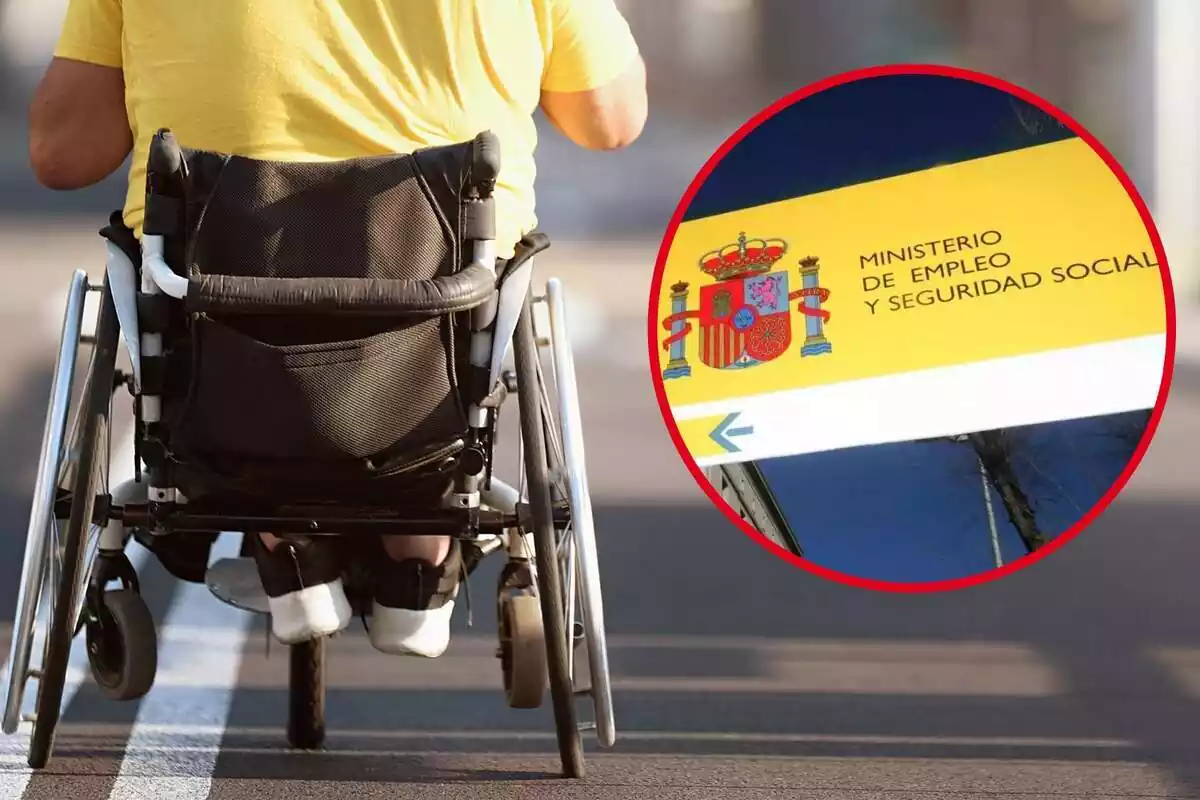 Imagen de fondo de una persona en silla de ruedas y otra de un cartel del Ministerio de Empleo y Seguridad Social