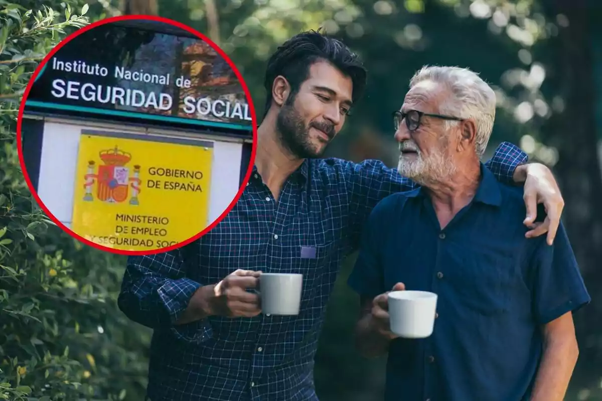 Dos hombres conversando y tomando café al aire libre con una imagen insertada del Instituto Nacional de Seguridad Social de España.