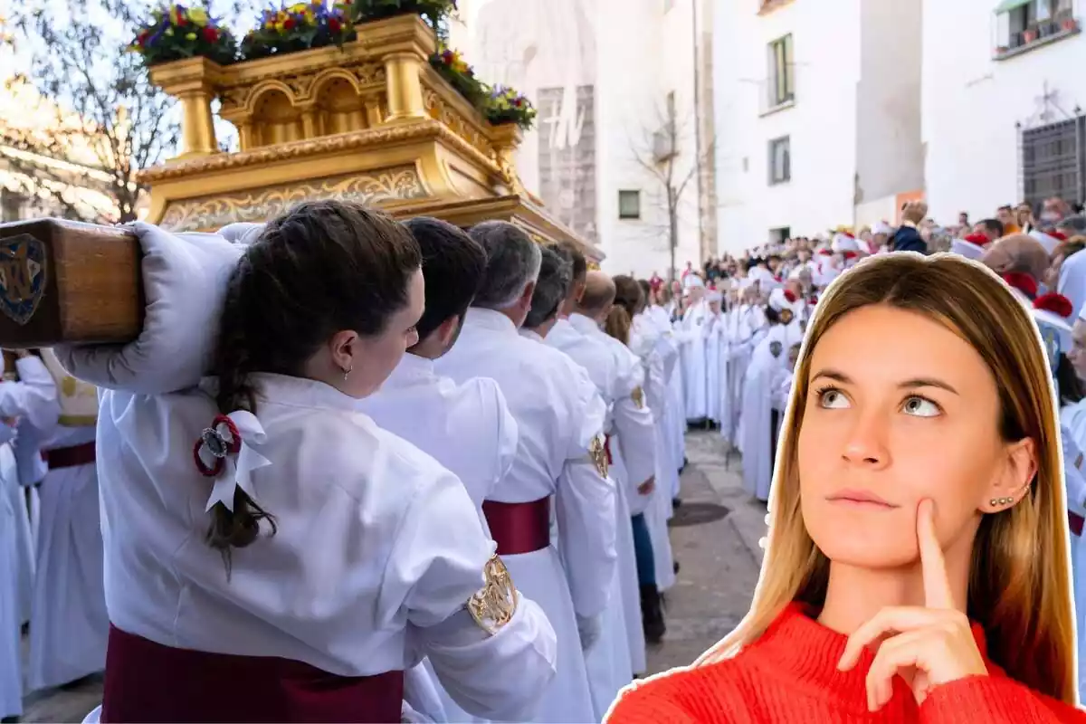 Imagen de fondo de varios costaleros durante la procesión del Encuentro de la Hermandad de Nuestro Padre Jesús Resucitado y Nuestra Señora del Amparo en Murcia el 9 de abril de 2023 y otra imagen de una mujer con gesto pensativo