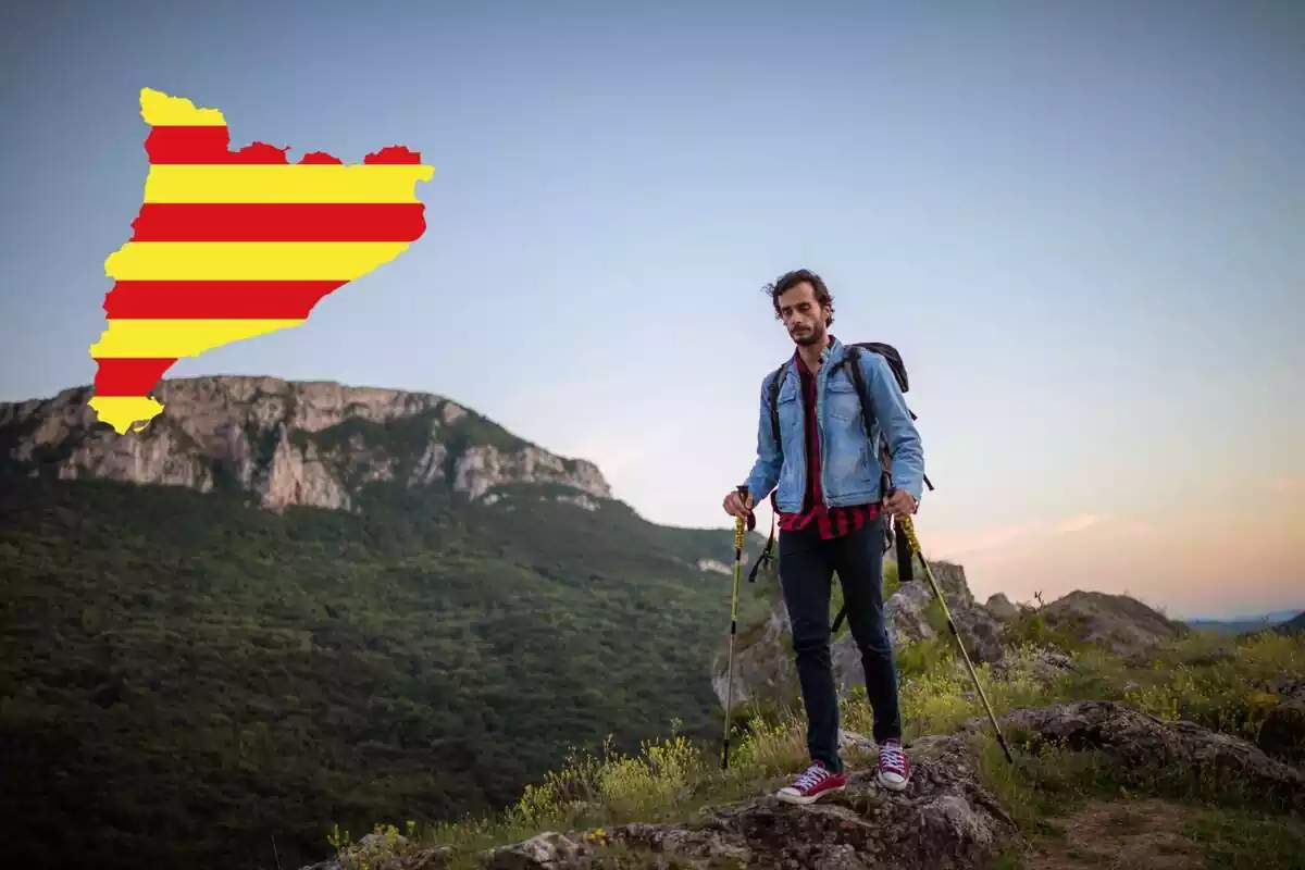 Un chico haciendo senderismo en las montañas y una imagen que representa cataluña en el mapa