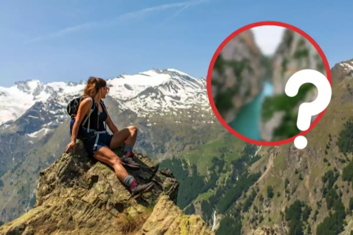 Una mujer mirando una montaña y una imagen del congost de mont rebei en borroso y un símbolo de pregunto