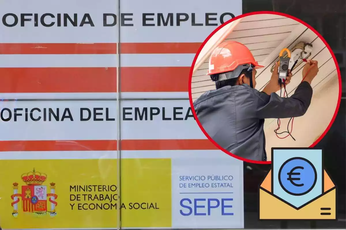 Imagen de fondo de un cartel de una oficina del SEPE, junto a una imagen de un electricista trabajando y un emoticono de un sobre con euros
