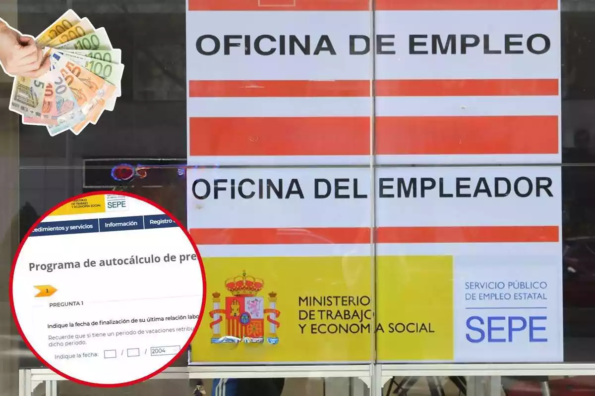 Imagen de fondo de un cartel de una oficina del SEPE en Madrid y otra de la web simulador del SEPE para calcular el paro y otra de billetes de euros en una mano