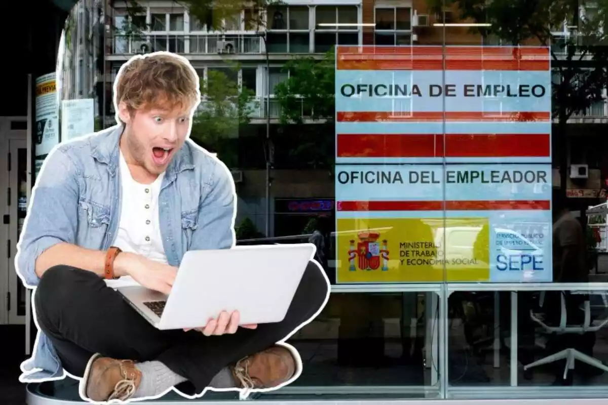 Imagen de fondo de un cartel de una oficina de empleo del SEPE y otra de un chico sorprendido con un ordenador portátil en las manos