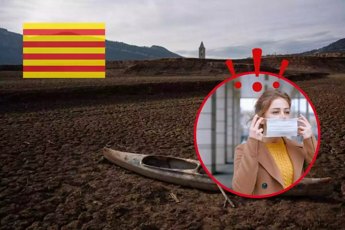 Fotomontaje con un fondo de pantano de Sau seco, una bandera de Cataluña y una foto enmarcada y con signos de interrogación de una chica con mascarilla
